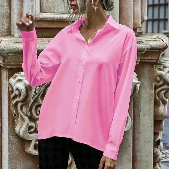 Pink Preppy Womens Solid Button Up Drop Shoulder Shirt - Picture 4 of 4